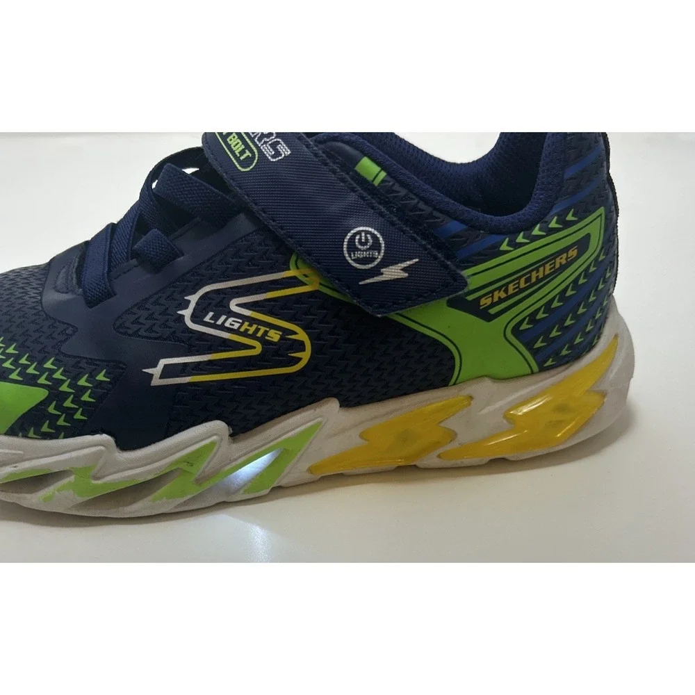 Skechers S-Lights: Boys Flex-Glow‎ Bolt Sneakers Size 2, Navy/Green/Yellow